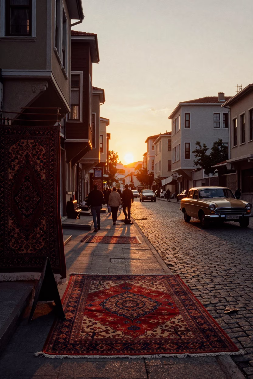 Istanbul Turkey Sunset Street Scene with Patterned Rug and Vintage Car Rally in in Istanbul, Turkey
