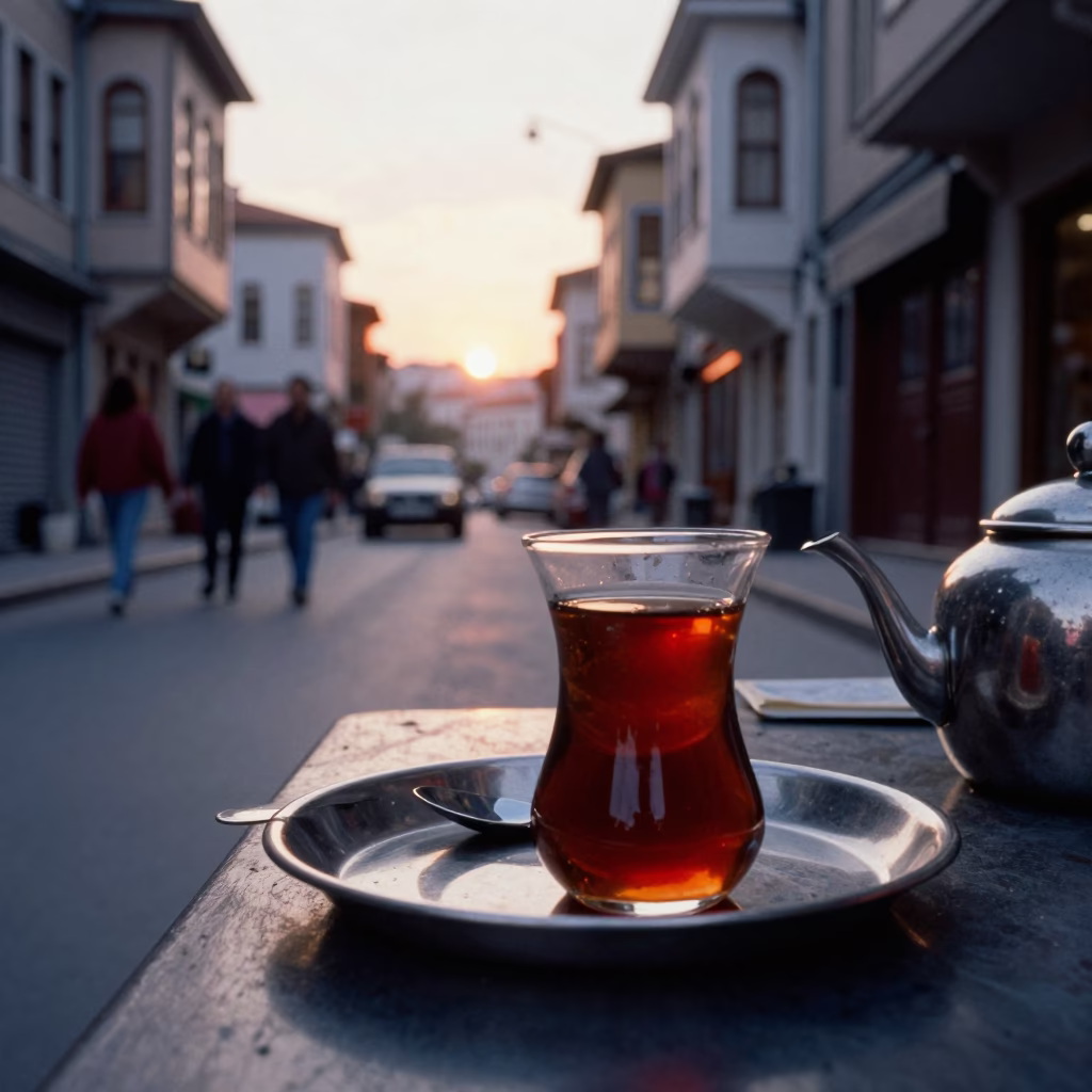 Istanbul Turkey Sunset Street Scene with Traditional Tea and Local Activity in in Istanbul, Turkey