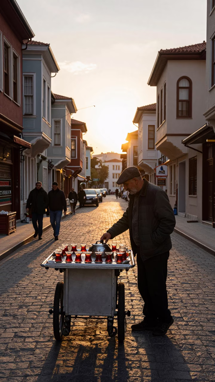 Istanbul Turkey Sunset Street Scene with Traditional Tea and Local Commerce in in Istanbul, Turkey