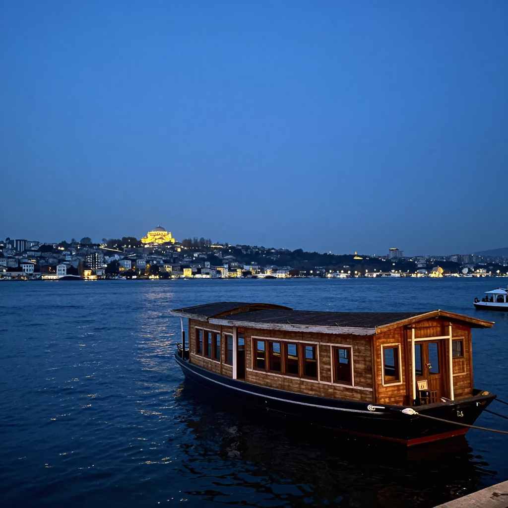 Istanbul Turkey Twilight Bosphorus View with Traditional Wooden Houseboat and Rooftop Garden in in Istanbul, Turkey