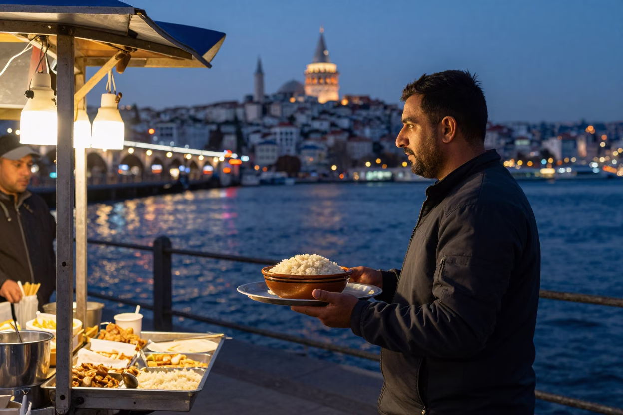 Istanbul Turkey Twilight Street Scene with Food Vendor and Traditional Tea Glass in in Istanbul, Turkey