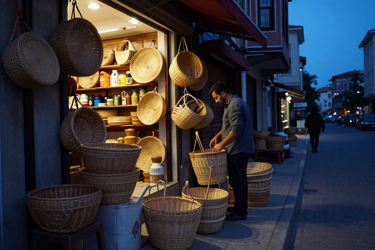 Istanbul Turkey Twilight Street Scene with Woven Baskets and Canisters in in Istanbul, Turkey
