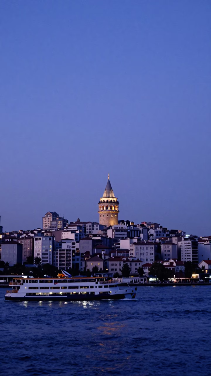 Istanbul Twilight Panorama with Galata Tower and Bosphorus Ferries at Dusk in in Istanbul, Turkey
