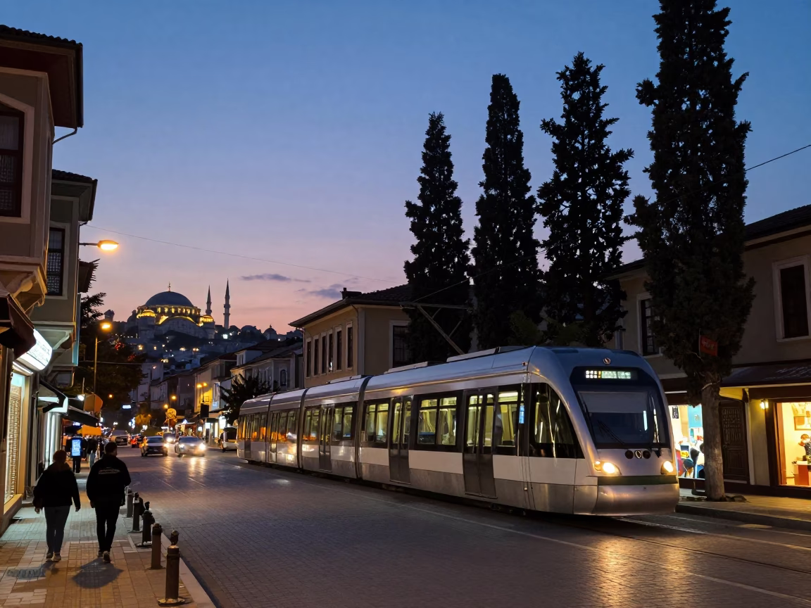 Istanbul Twilight Street Scene with Monorail and Traditional Architecture in in Istanbul, Turkey