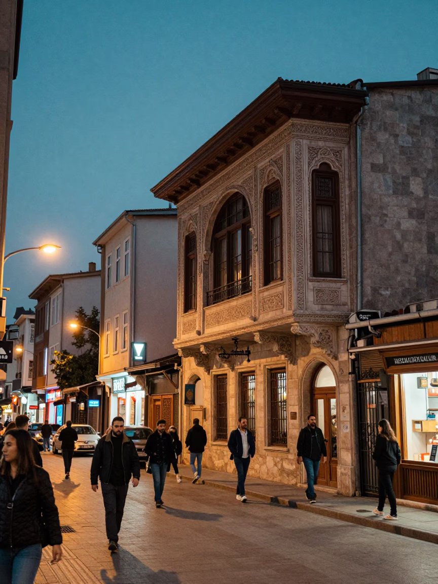 Istanbul Twilight Street Scene with Neon Night Lights and Traditional Architecture in in Istanbul, Turkey