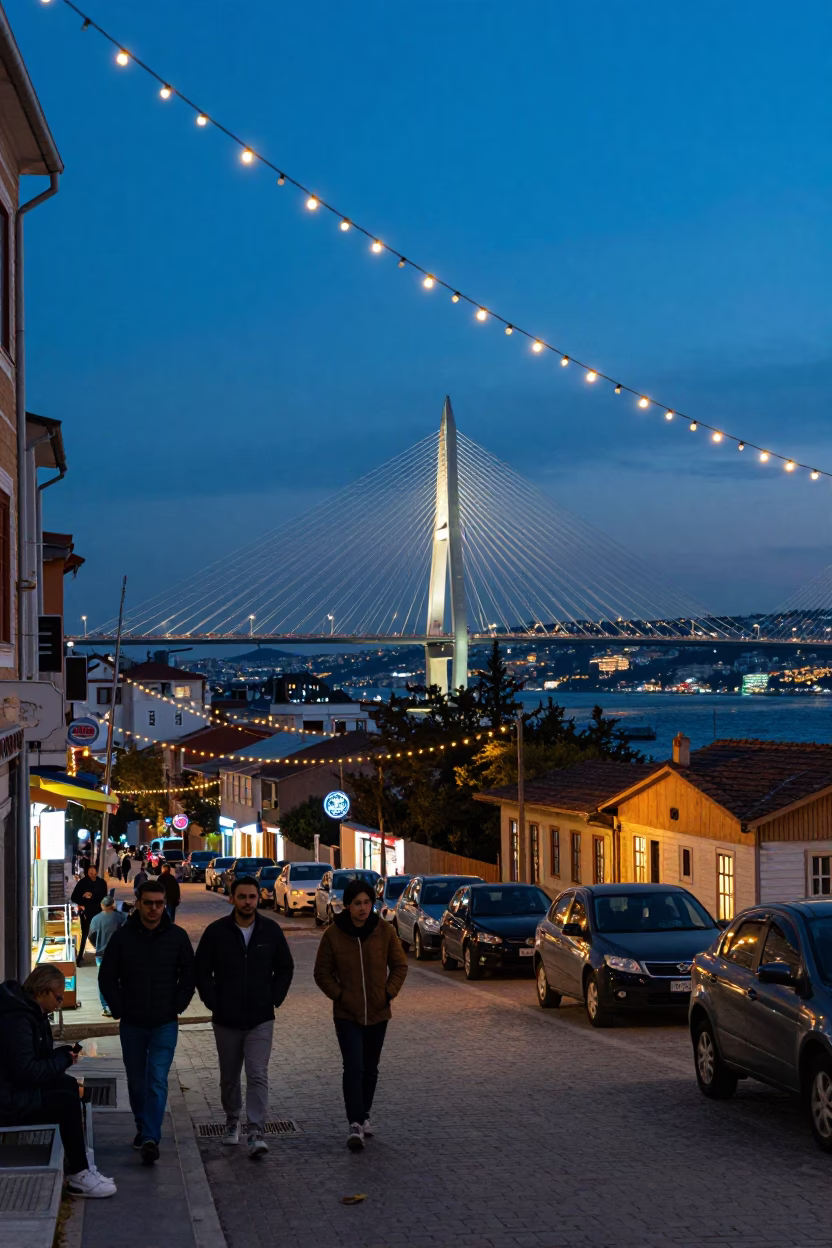 Istanbul Twilight Street Scene with String Lights and Cable-Stayed Bridge in in Istanbul, Turkey