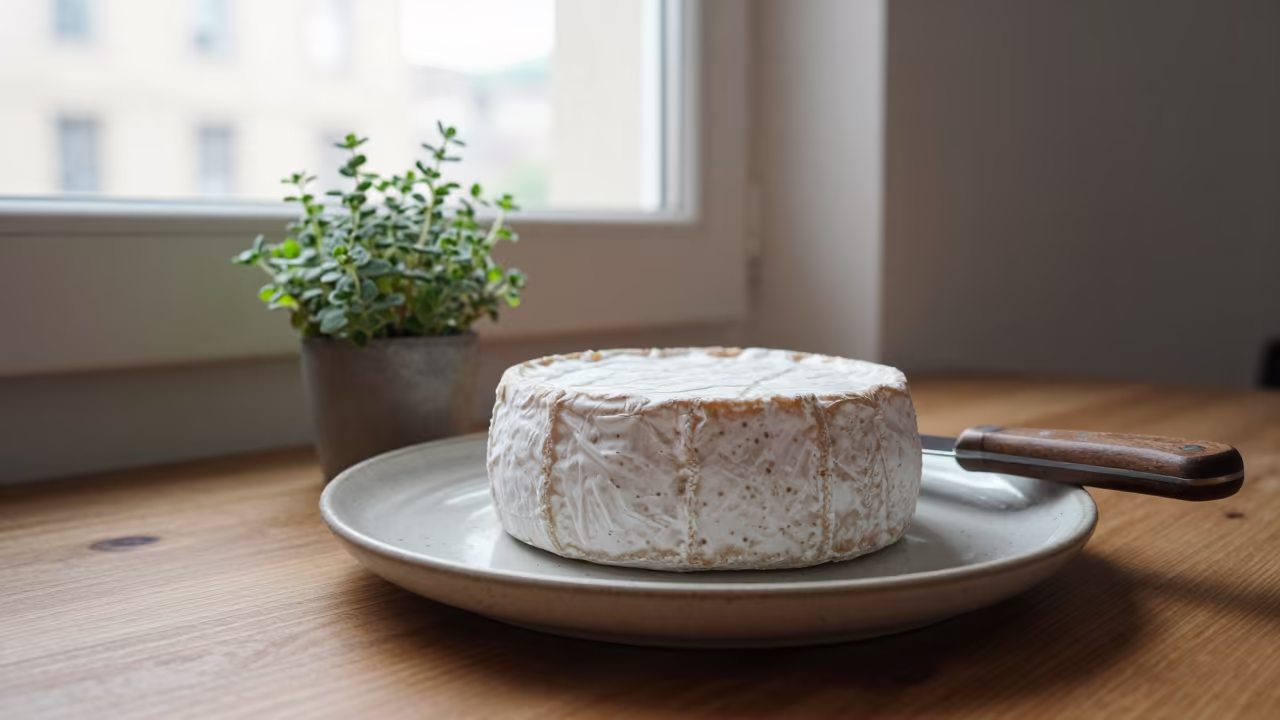 Italian Cheese Wheel on Ceramic Plate in on a ceramic plate by a window in Okara