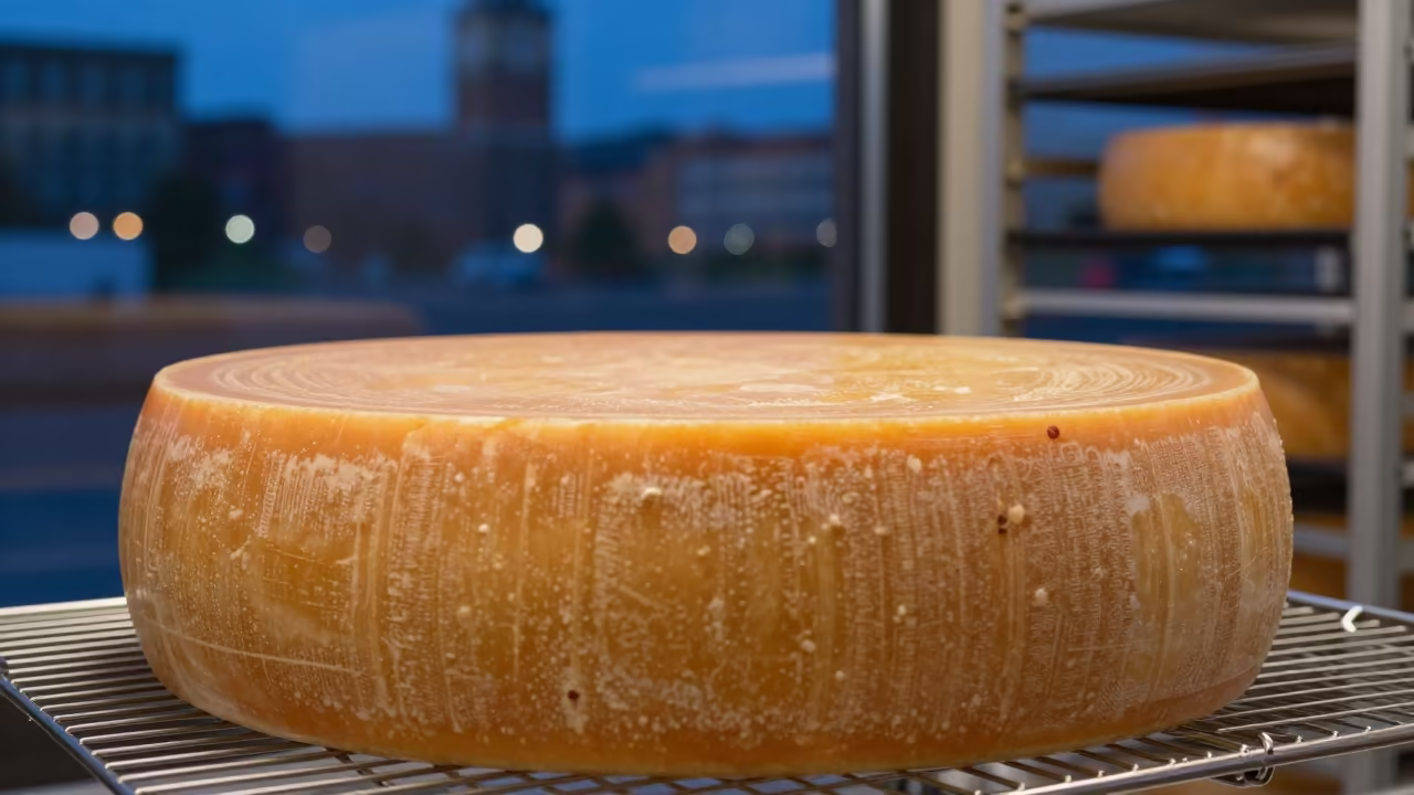 Italian Cheese Wheel Display on Bakery Rack in on a bakery cooling rack in Rochester
