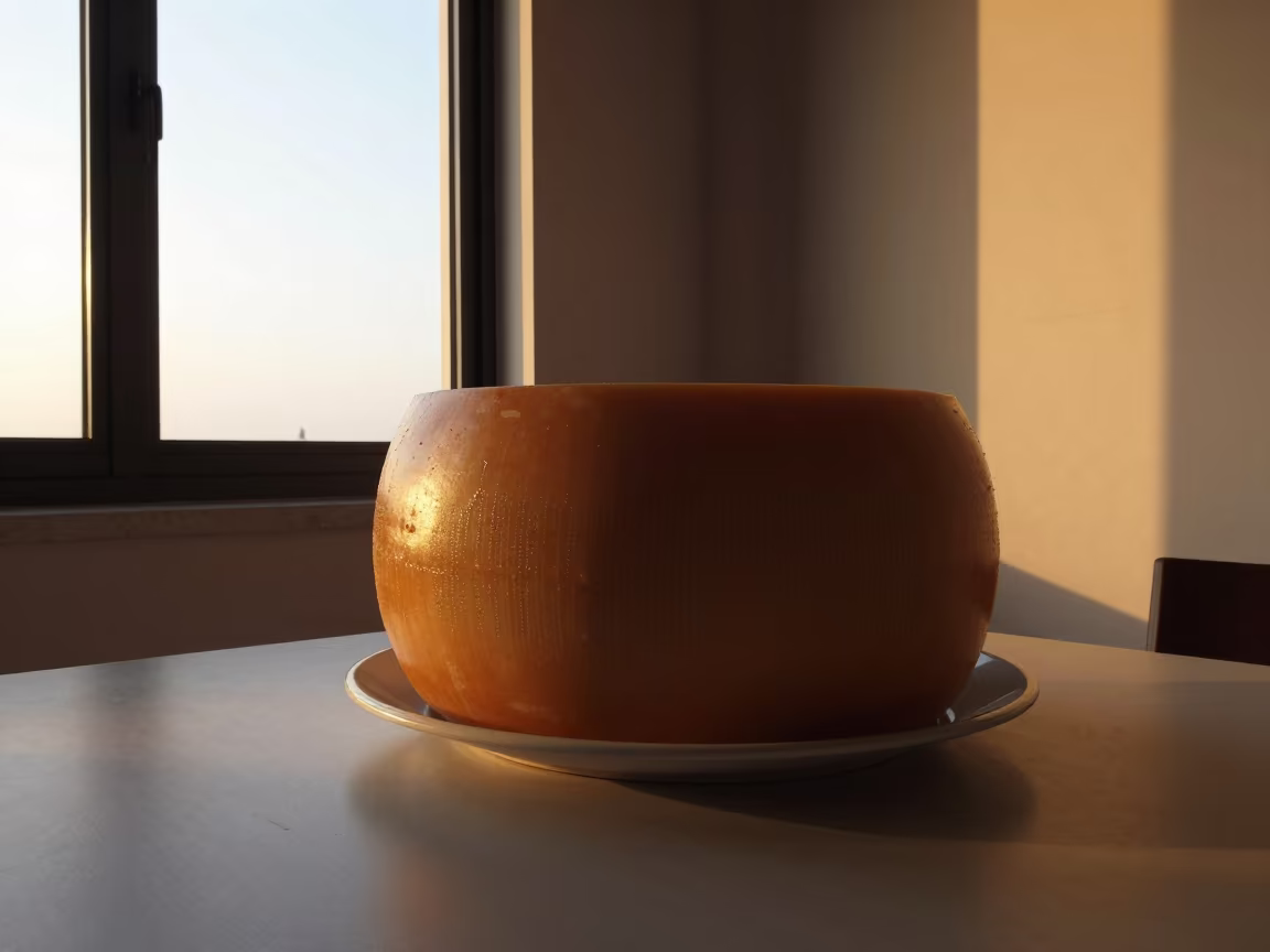 Italian Cheese Wheel by Window in Abu Dhabi in on a ceramic plate by a window in Abu Dhabi