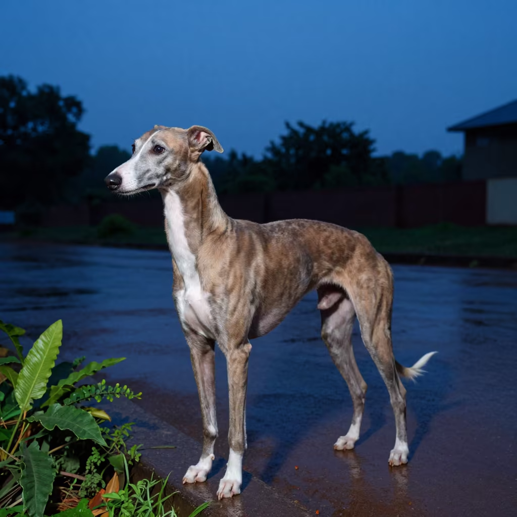 Italian Greyhound in Tiruchirappalli Twilight in near a garden edge with soft morning light and an uncluttered background in Tiruchirappalli