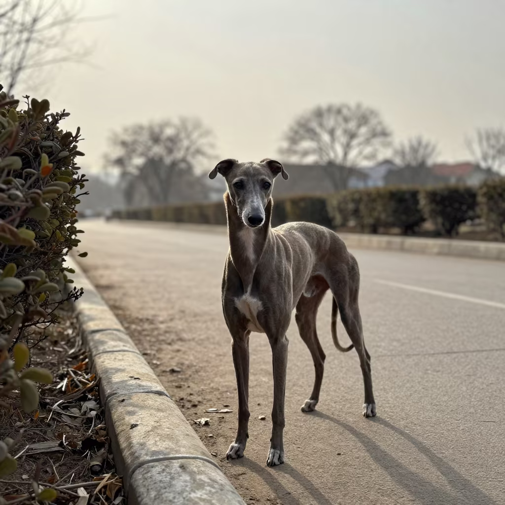 Italian Greyhound on Abbottabad Park Path at Dawn in along a quiet park path with soft open shade and a clean background in Abbottabad