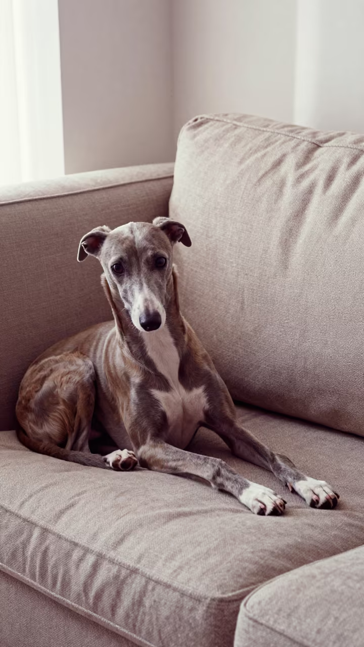 Italian Greyhound on Linen Sofa in Nis Winter Light in on a linen sofa with daylight from a nearby window in Nis