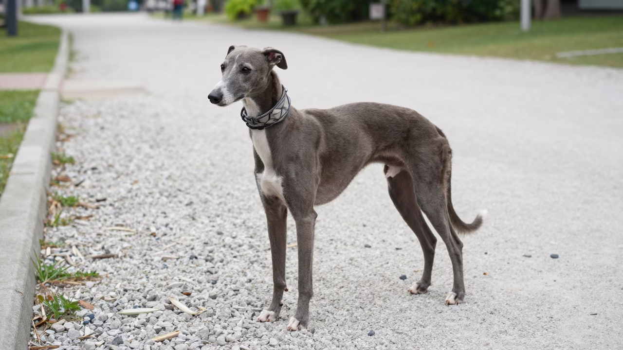 Italian Greyhound on Phuket Park Path in along a quiet park path with soft open shade and a clean background in Phuket