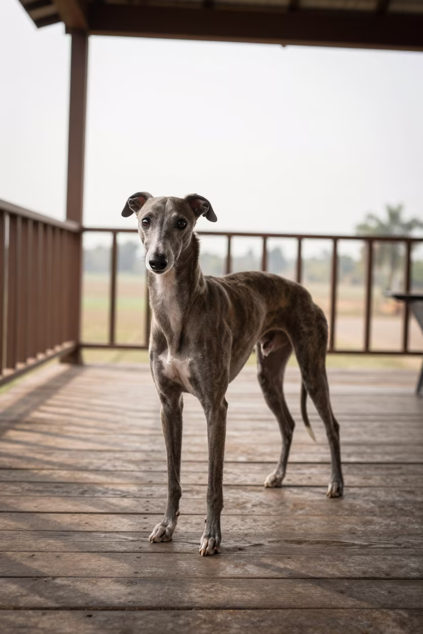 Italian Greyhound on Shaded Abuja Porch in on a shaded front porch with boards, railings, and eye-level framing near Abuja