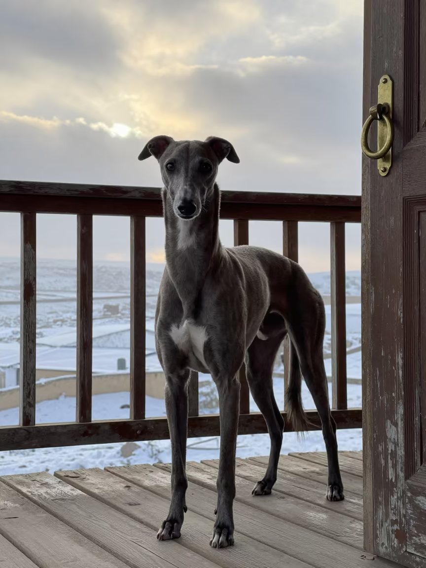 Italian Greyhound on Shaded Porch in Winter Dawn in on a shaded front porch with boards, railings, and eye-level framing in Qamishli