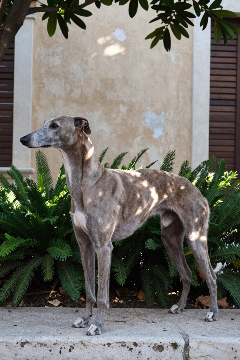 Italian Greyhound Portrait in Bari Garden Morning Light in near a garden edge with soft morning light and an uncluttered background in Bari