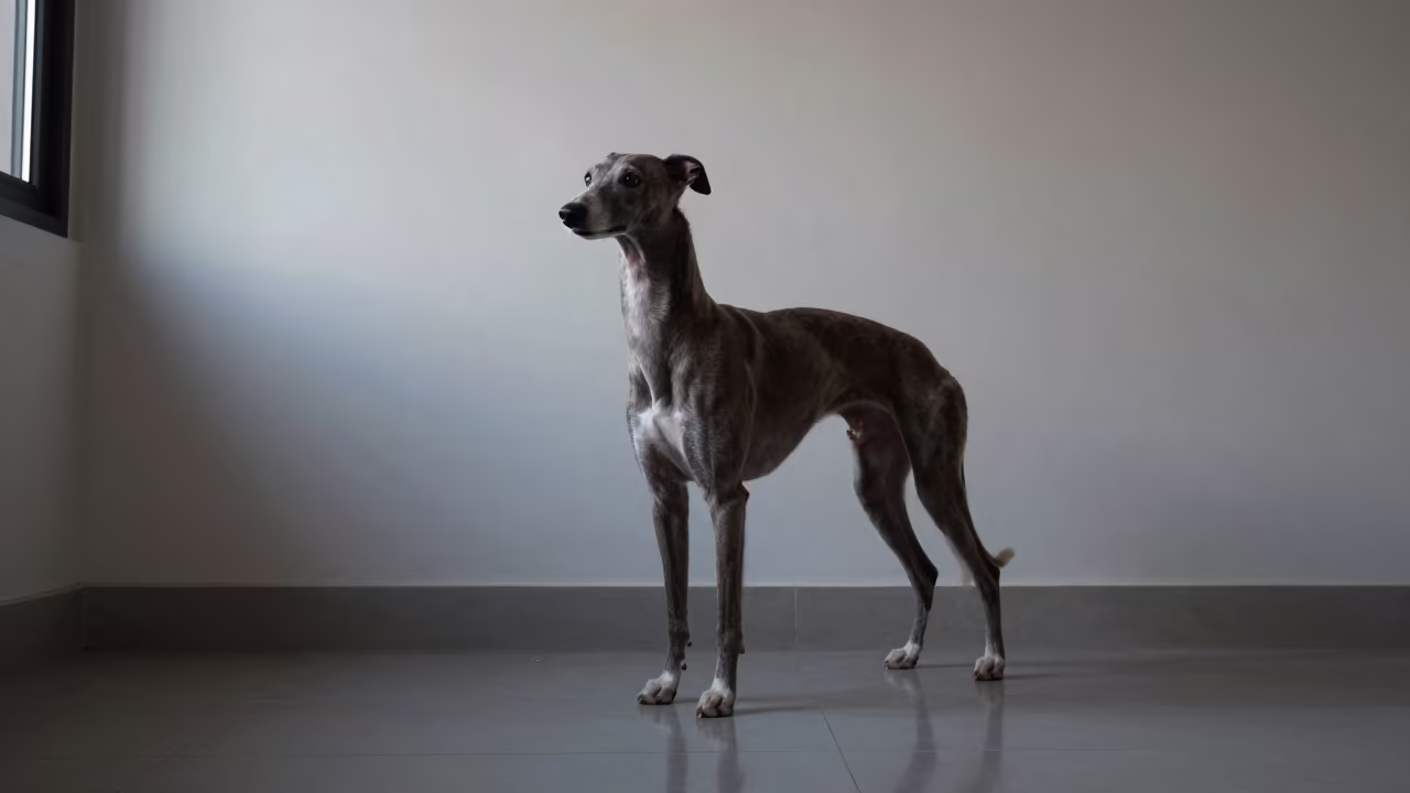 Italian Greyhound Portrait in Soft Indoor Light in beside a plain plaster wall in soft indoor light with the animal centered in frame in Hyderabad