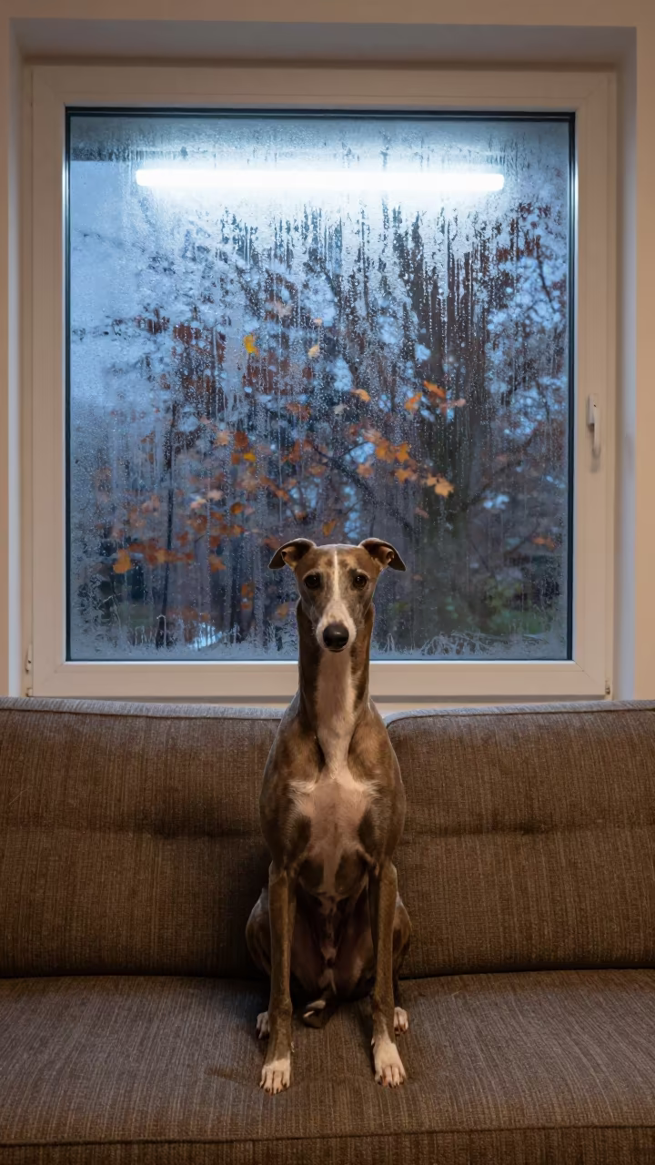 Italian Greyhound Portrait Near Window Before Dawn in on a sofa near a curtained window with calm indoor light near Tampere