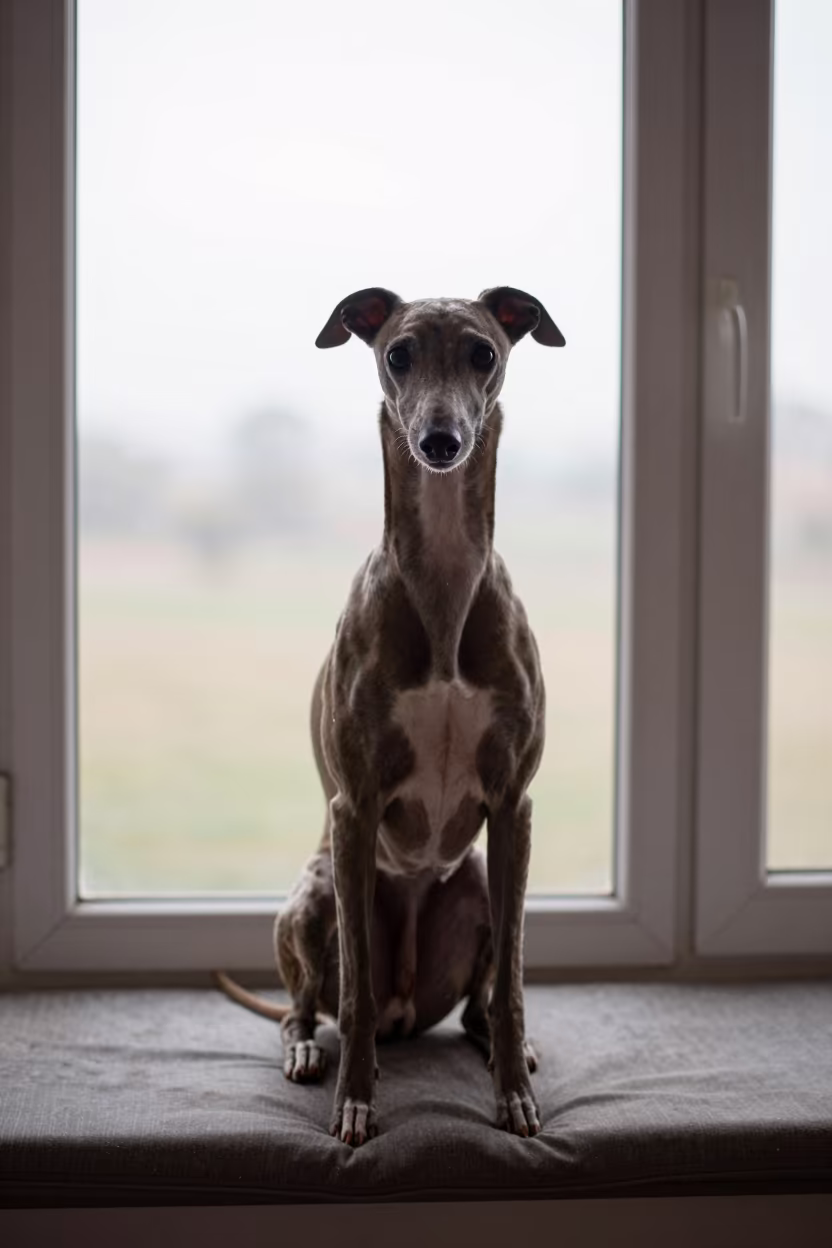 Italian Greyhound Portrait on Window Seat in Bamako in on a cushioned window seat with soft side light and an uncluttered background in Bamako