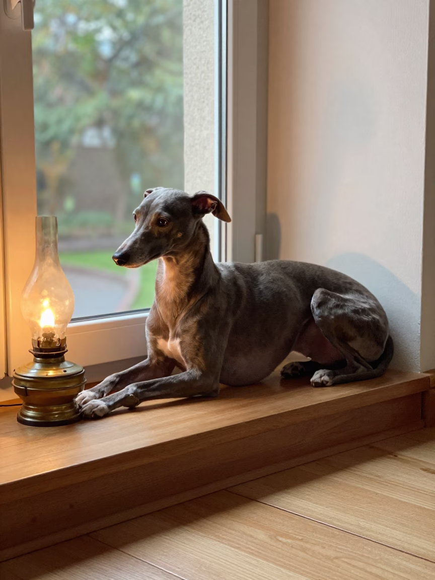 Italian Greyhound Resting on Window Seat in on a window seat in a quiet apartment with soft side light near La Romana
