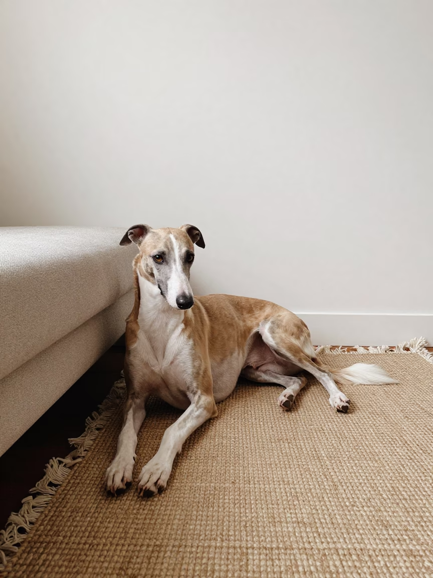 Italian Greyhound Resting on Woven Rug in on a woven rug beside a low couch and an uncluttered wall in Vizianagaram