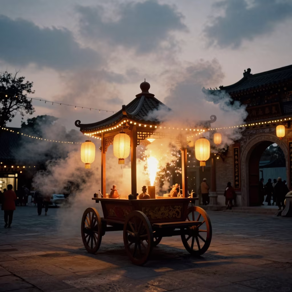 Italian Scoppio del Carro Cart in Tianjin Shrine in in a shrine lined with lanterns in Tianjin