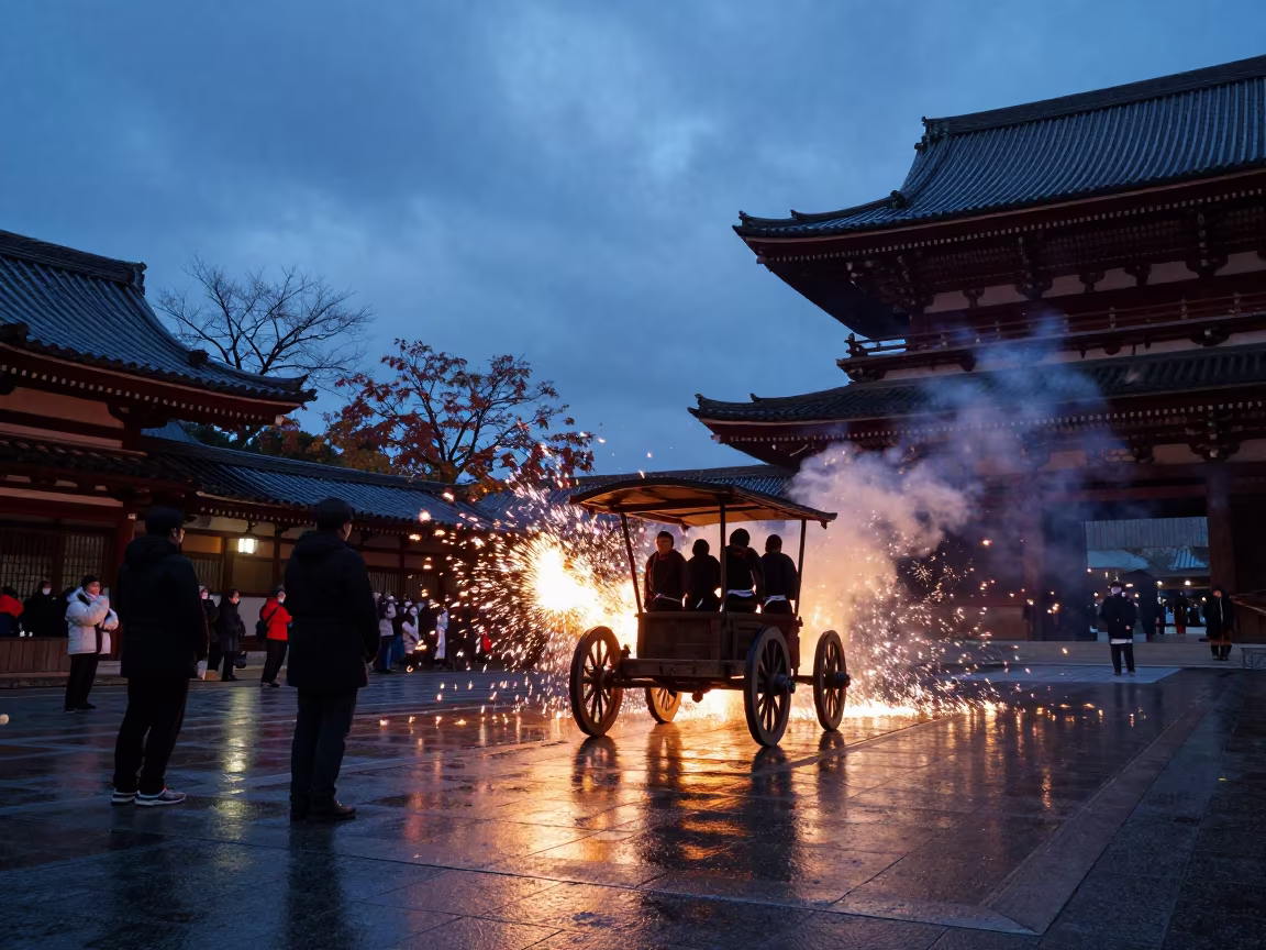 Italian Scoppio del Carro Ceremony Nikko Autumn in in a temple courtyard in Nikko