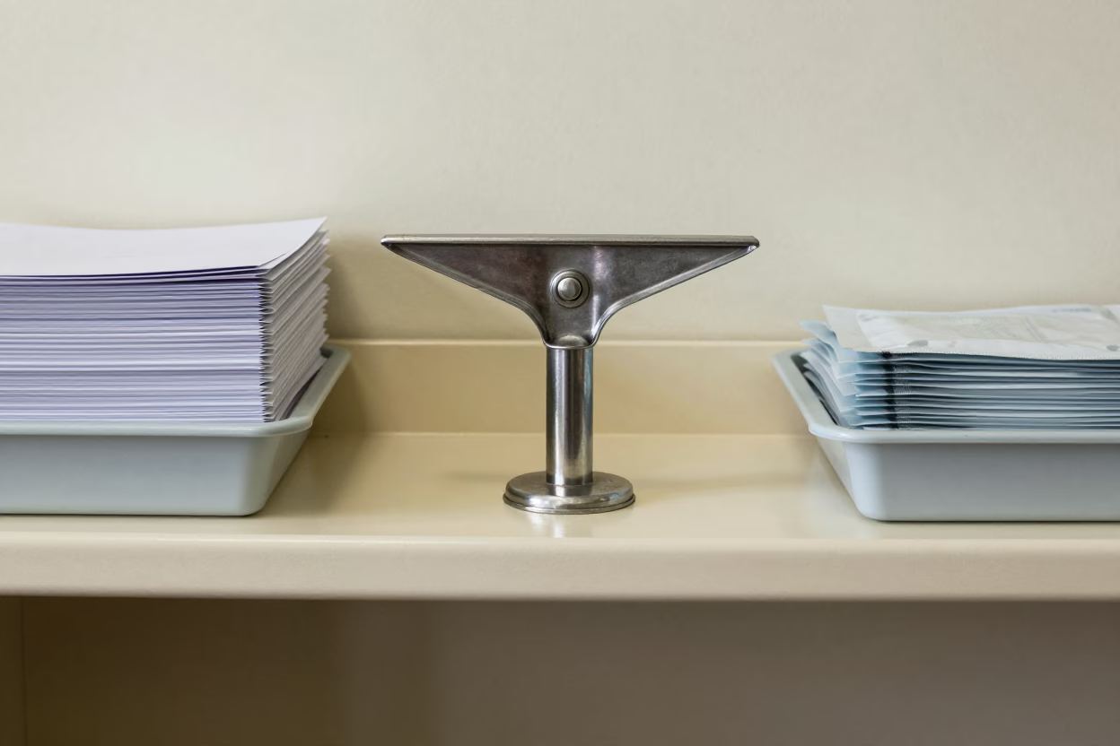 IV Pole Caster Repair Tin on Display Ledge in on a painted display ledge in Brisbane