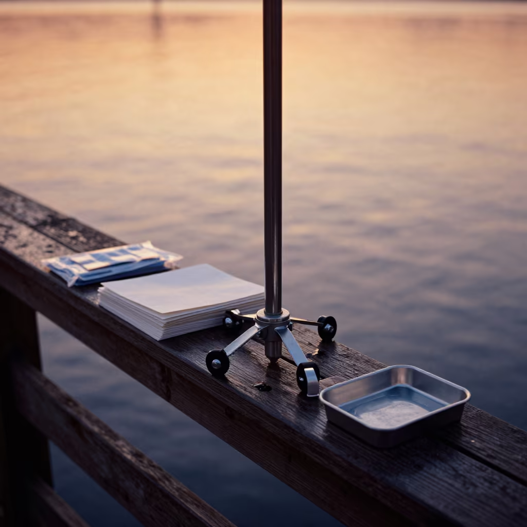 IV Pole Repair Tin on Pier Railing Sunset in on a pier railing near Coronel