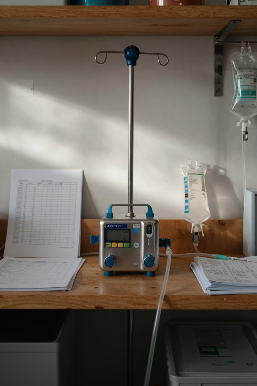IV Pump Charging Shelf Treme Workshop in on a workshop shelf in Treme, New Orleans