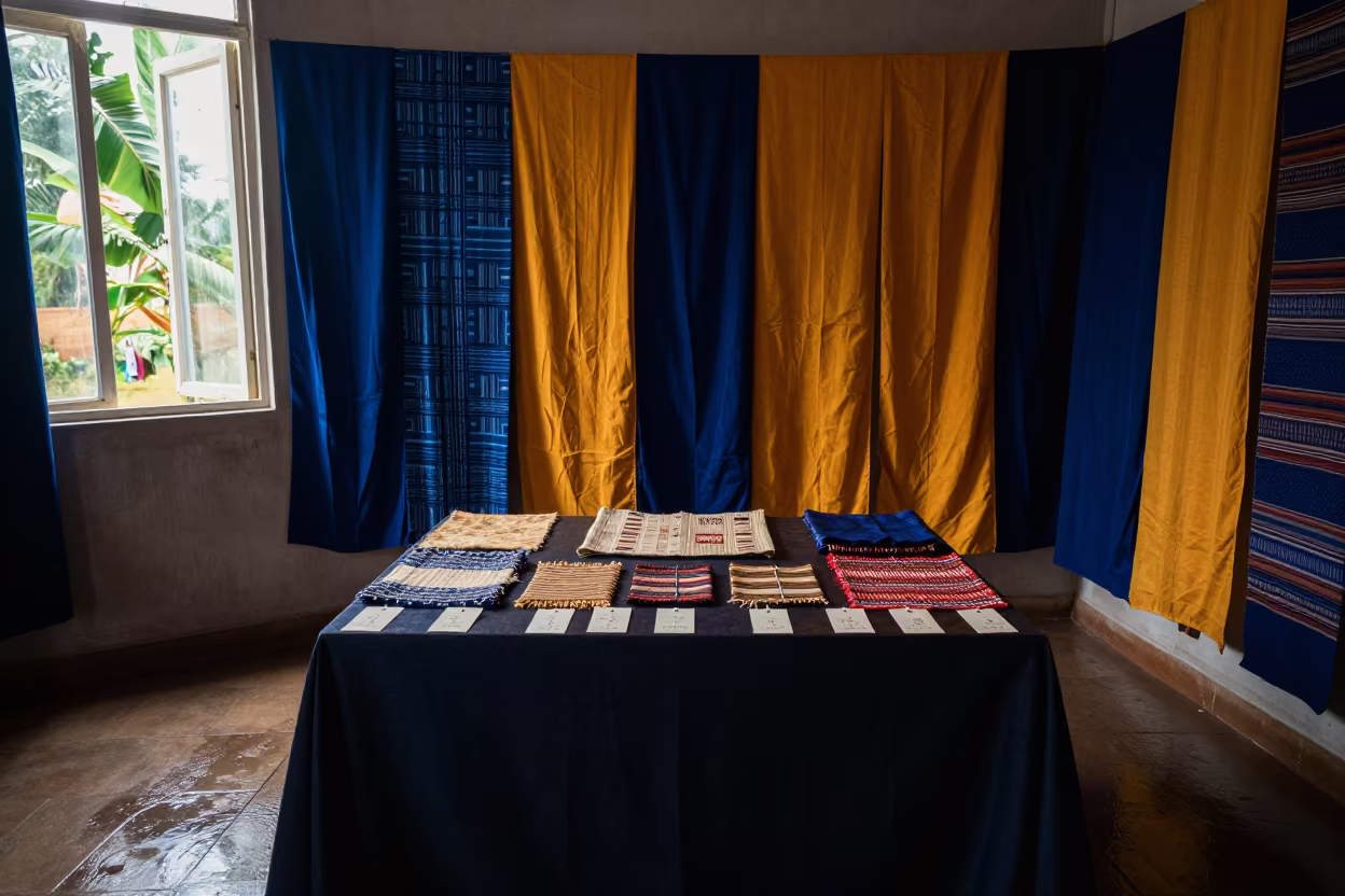 Ivorian Heritage Textiles in Ceremonial Alcove in in a ceremonial alcove near Oumé
