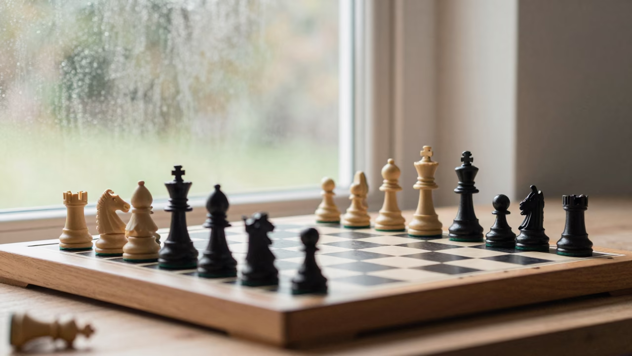 Ivory Ebony Chess Mid-Game on Workbench in on a wooden workbench in Vaughan