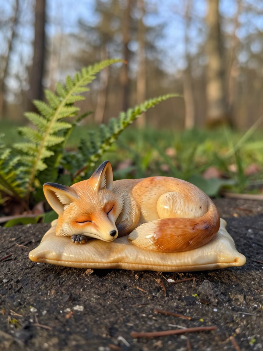 Ivory Fox Netsuke on Silk in Belgian Trail in along a game trail in Belgium