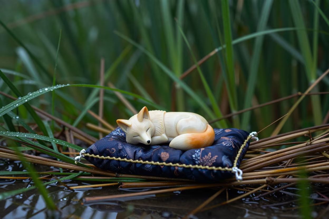 Ivory Fox Netsuke on Silk in Black Forest Reed Bed in at the edge of a reed bed in the Black Forest