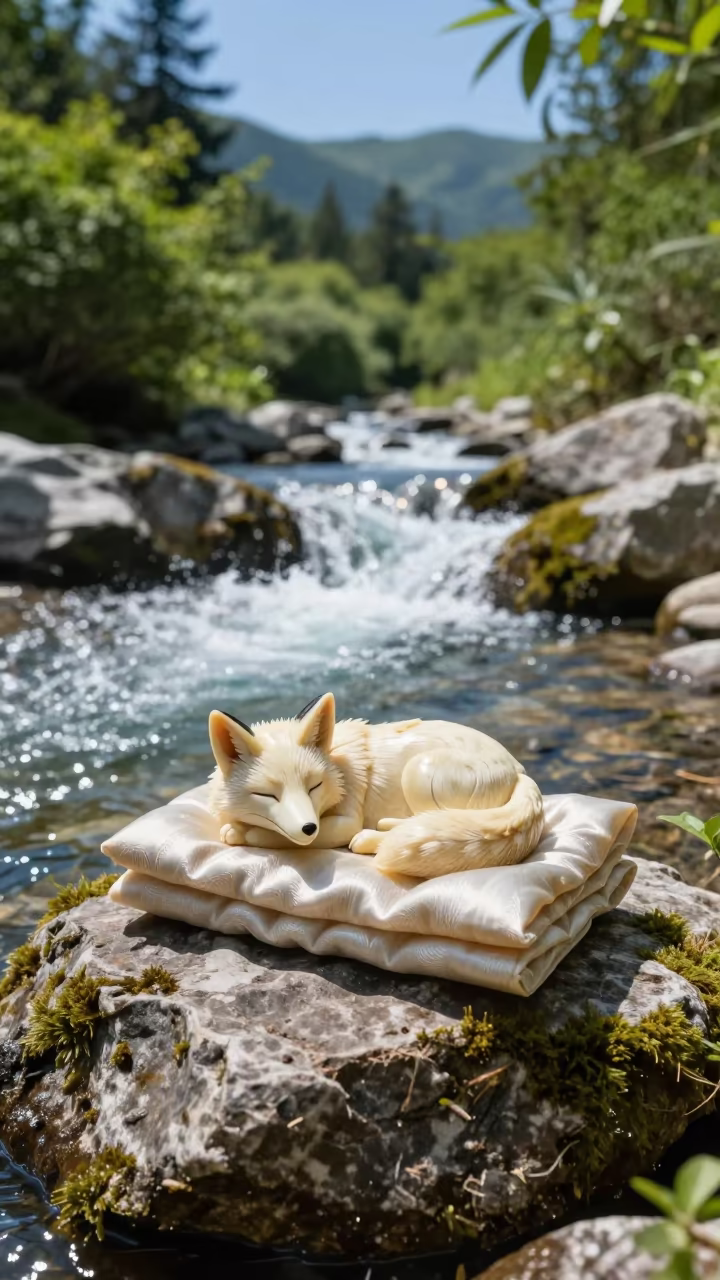 Ivory Fox Netsuke on Silk Pad Above Stream in above a glacial stream in North Macedonia