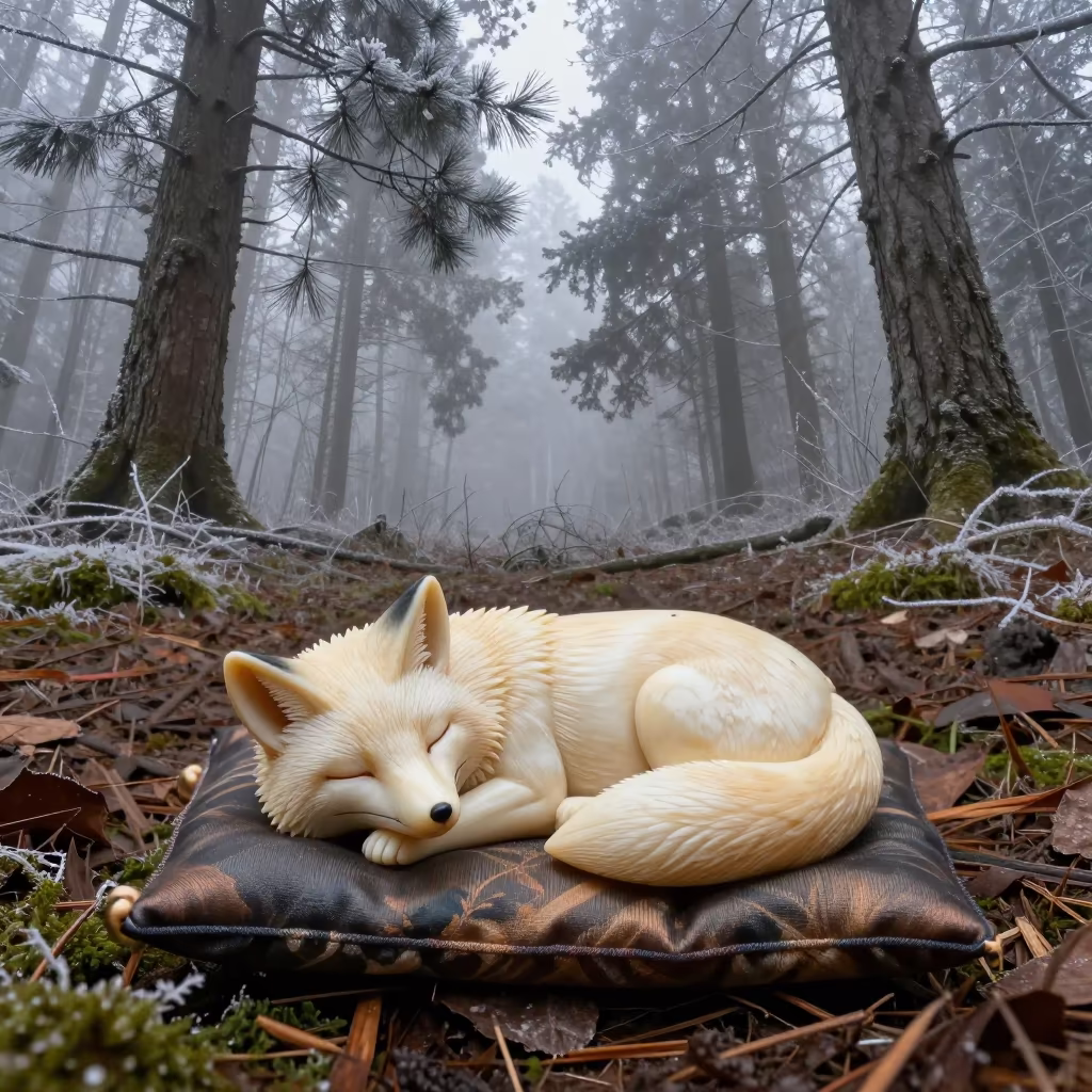 Ivory Netsuke Fox on Winter Game Trail in along a game trail in Czech Republic