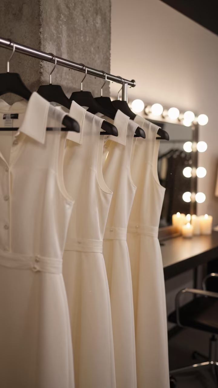 Ivory Shirtdresses on Rail Near Makeup Mirror in beside a mirror lined with makeup bulbs near Bimbo