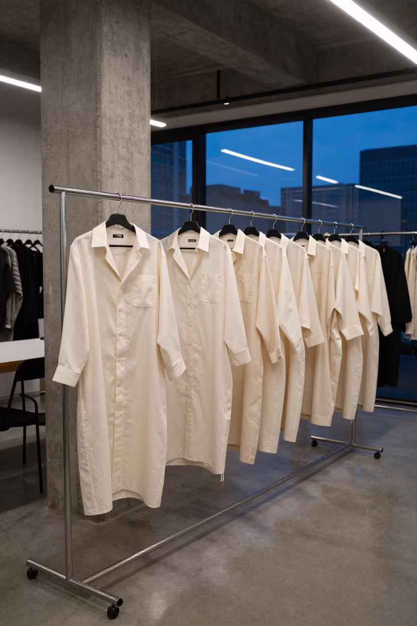 Ivory Shirtdresses on Rail in Saint-Louis Atelier in inside a couture atelier in Saint-Louis