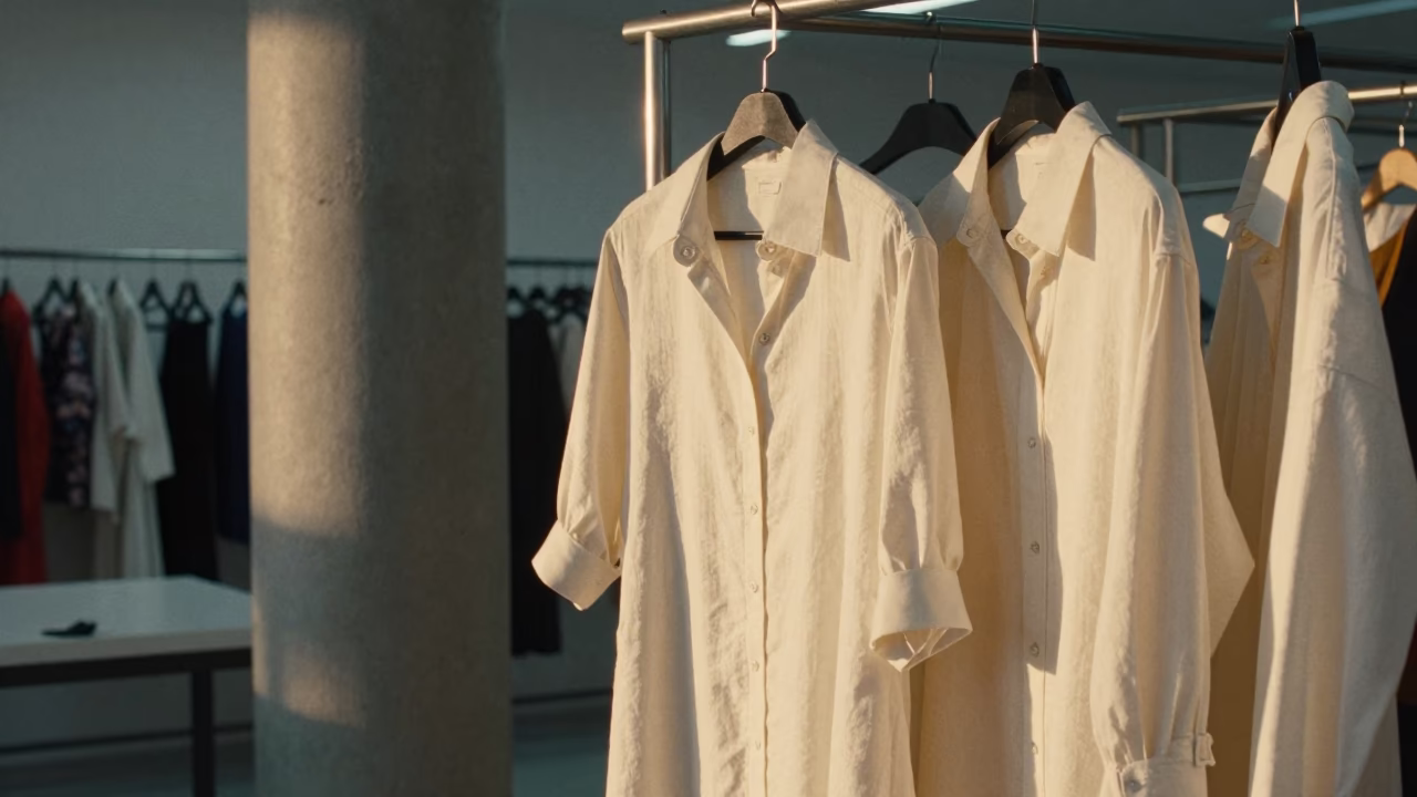 Ivory Shirtdresses on Rail in Santa Cruz Atelier in inside a couture atelier in Santa Cruz de la Sierra
