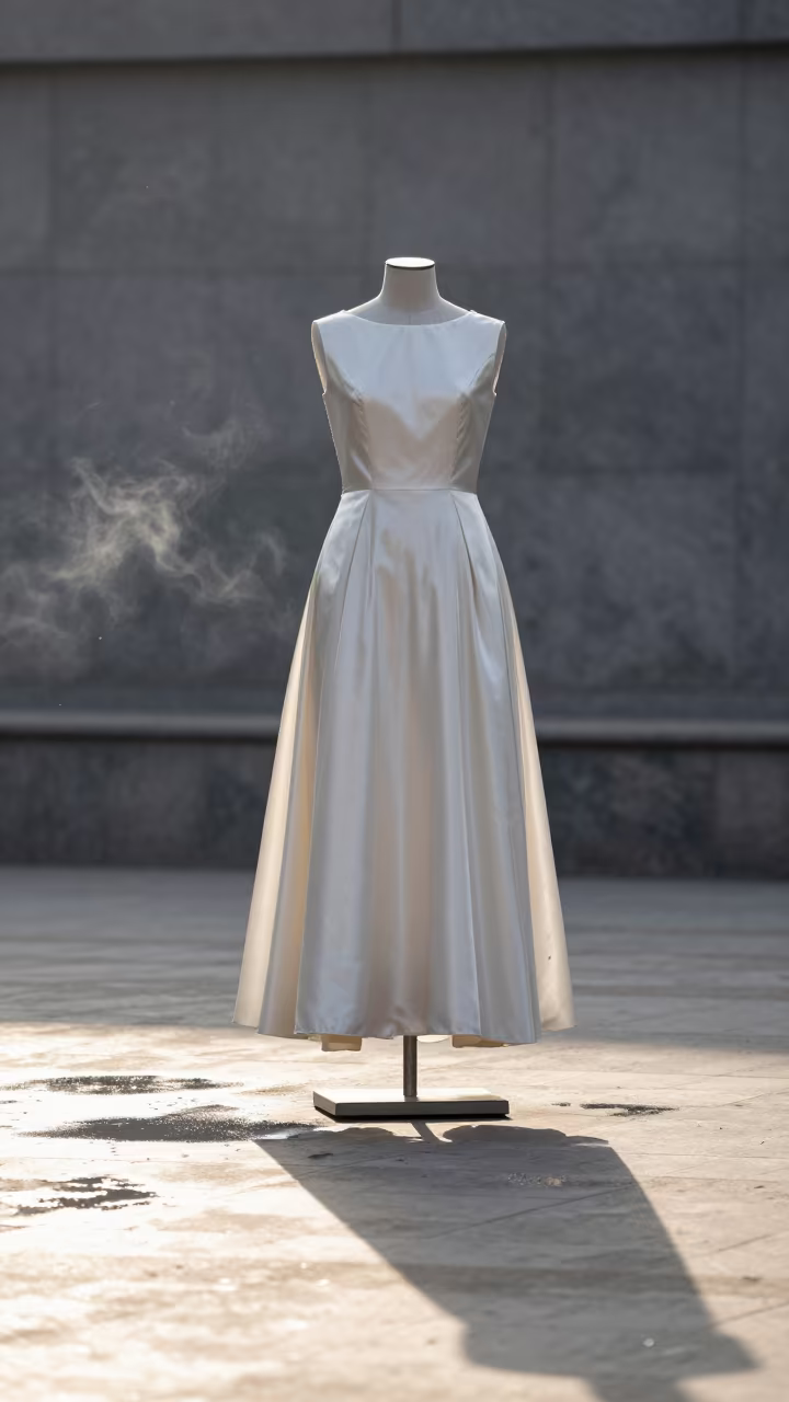 Ivory Silk Dress Form in Karachi Dawn in across a reflective public plaza near Karachi