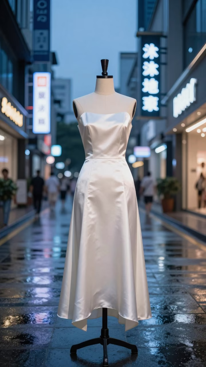 Ivory Silk Dress Form in Neon Shenzhen Arcade in along a neon-lit arcade near Shenzhen