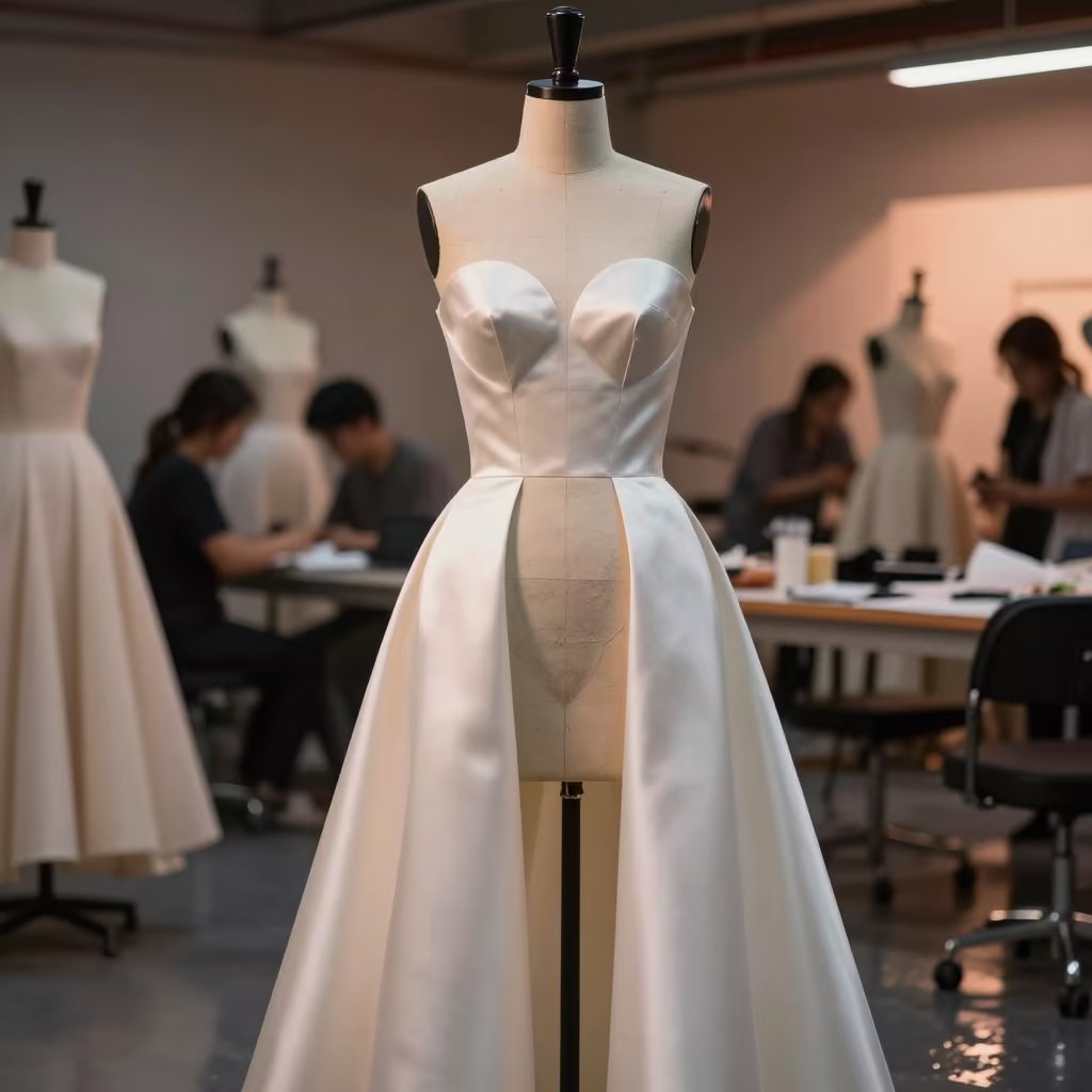 Ivory Silk Dress Form in Shenzhen Atelier in inside a couture atelier near Shenzhen