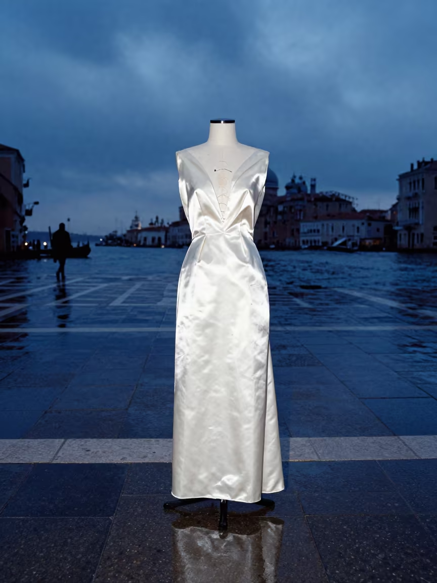 Ivory Silk Dress Form Venice Blue Hour in across a reflective public plaza in Venice