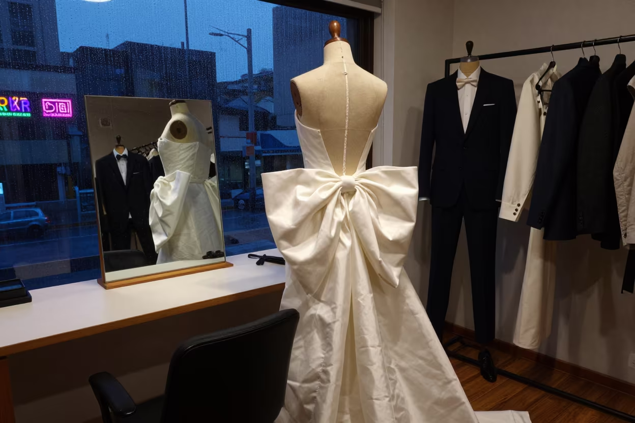 Ivory Taffeta Bow on Dress Form in Predawn Neon in beside a mirror lined with makeup bulbs near Colegiales, Buenos Aires