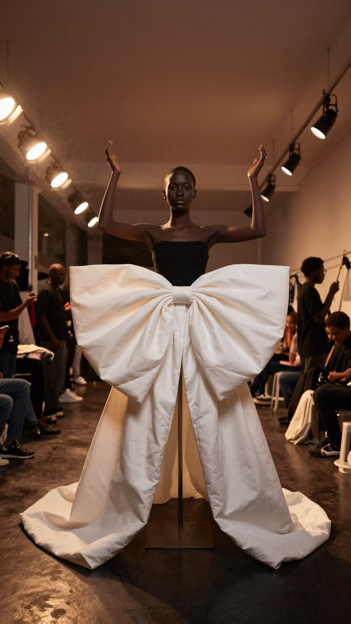 Ivory Taffeta Bow on Dress Form in Sunset Light in under runway rehearsal lights in Guéckédougou