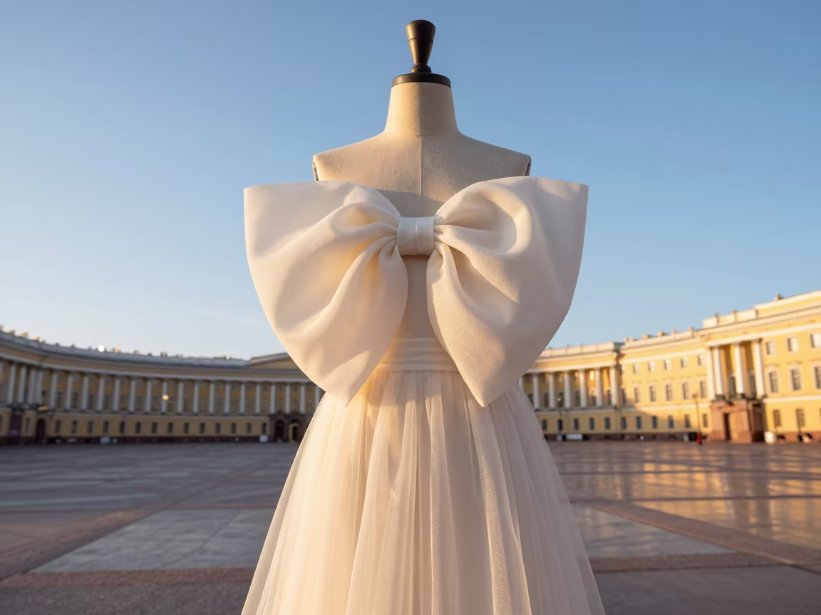 Ivory Taffeta Bow on Dress Form at Sunset in across a reflective public plaza in St Petersburg