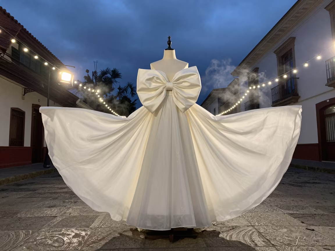 Ivory Taffeta Dress Form Balancing Bow Under Twilight Lights in under runway rehearsal lights in Guapulo, Quito
