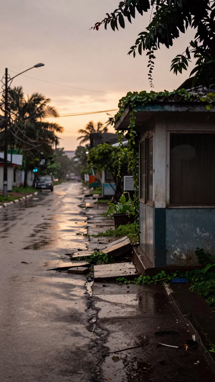 Ivy and Broken Concrete in Evening Rain in by a rain-darkened kiosk in Bandar Lampung