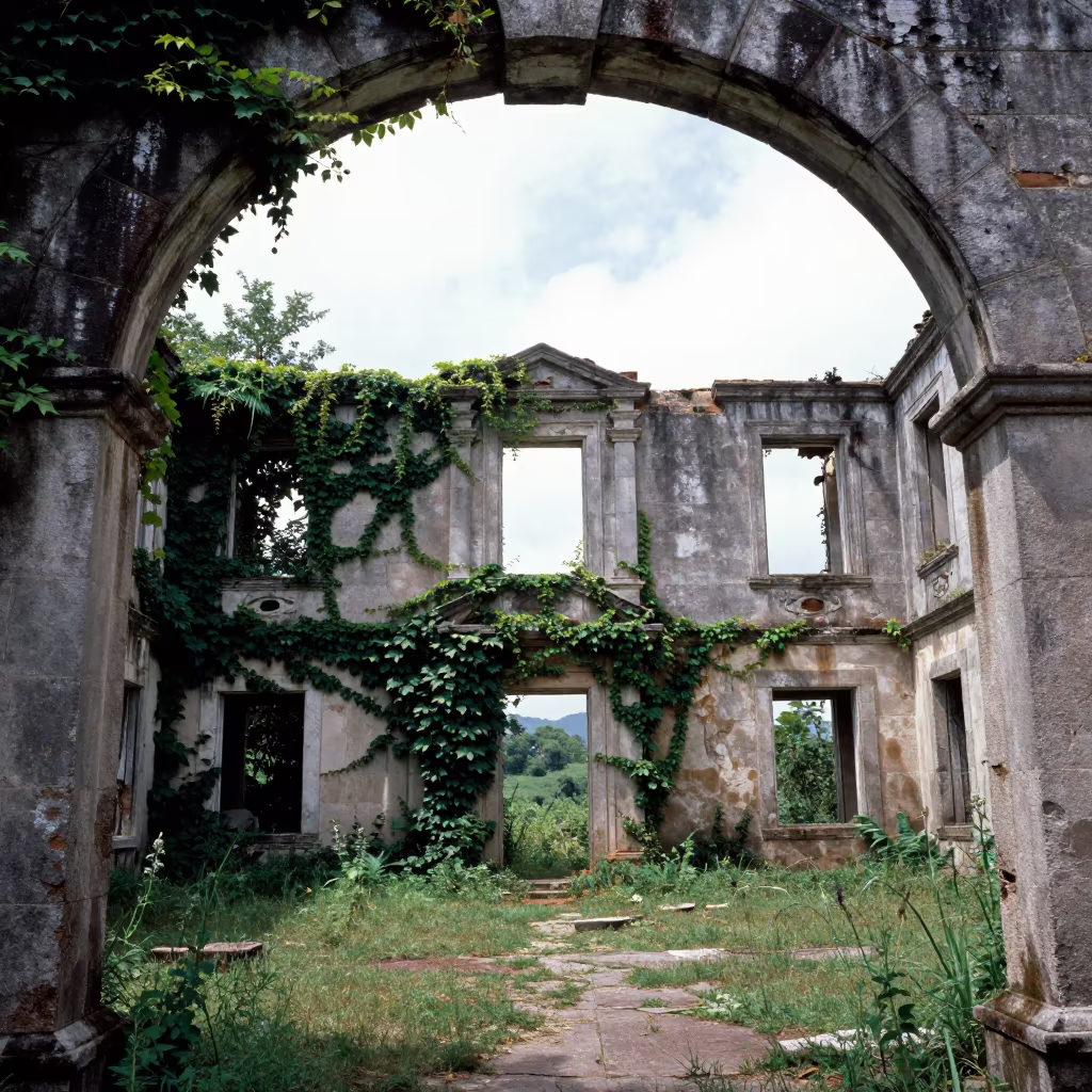 Ivy Clad Manor Ruin Under Stone Arch Navojoa in beneath a broken stone arch near Navojoa