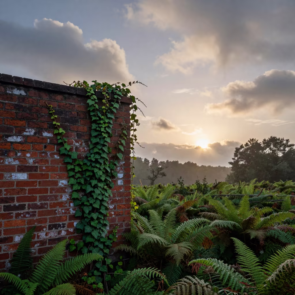 Ivy Climbing Brick Wall at Dawn in on a fern-lined forest floor near Ndola